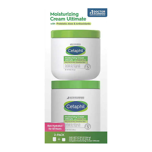 Cetaphil Moisturizing Cream Ultimate with Prebiotic Aloe, Very Dry to Dry Sensitive Skin, 20 oz + 16 oz, 2-pack